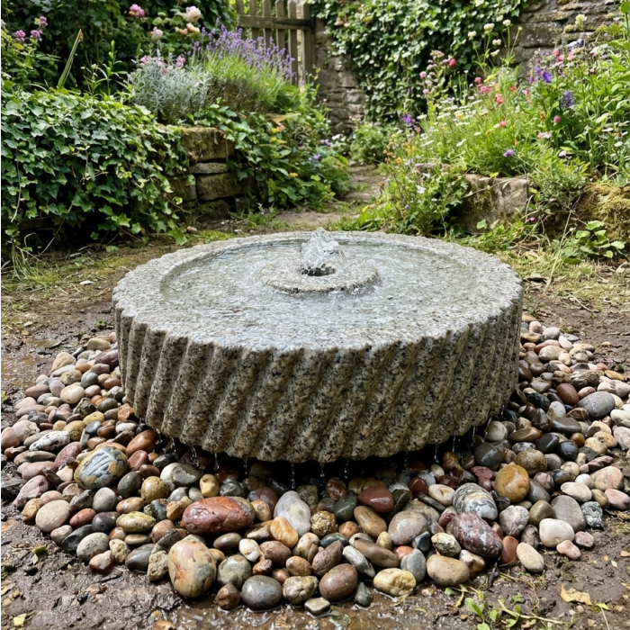 Antiker Mühlstein als Gartenbrunnen