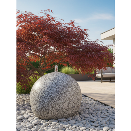 Herzstück des Brunnens ist eine 60 cm große Granitquellkugel mit zentralem Wasseraustritt, aus dem das Wasser gleichmäßig und ruhig austritt und sanft über die Oberfläche fließt.

Optional kann der Wasserstrahl mit einer LED-Quellbeleuchtung ausgestatte