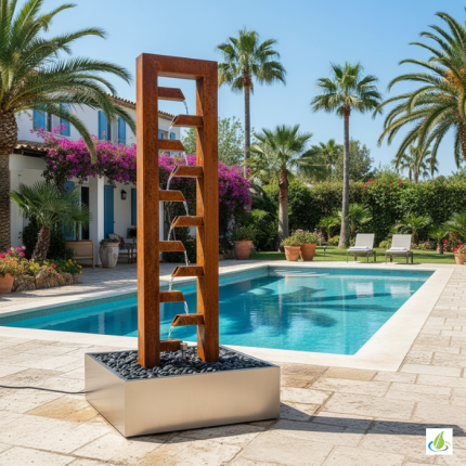 Edelstahlbrunnen Cross - Designbrunnen für Garten und Terrasse. Der Eyecatcher, der mit moderner Optik und mit sensationellen Wasserklang zu überzeugen vermag.