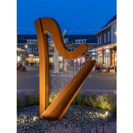 Designbrunnen Harfe – Wasserbrunnen aus Cortenstahl oder Edelstahl
