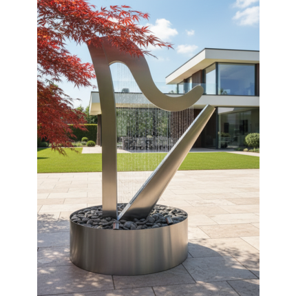 Designbrunnen Harfe – Terrassenbrunnen Cortenstahl oder Edelstahl