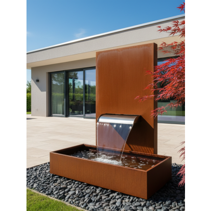 Cortenstahl Wasserfall mit rechteckigem Becken und aufrechter Stele in modernem Garten