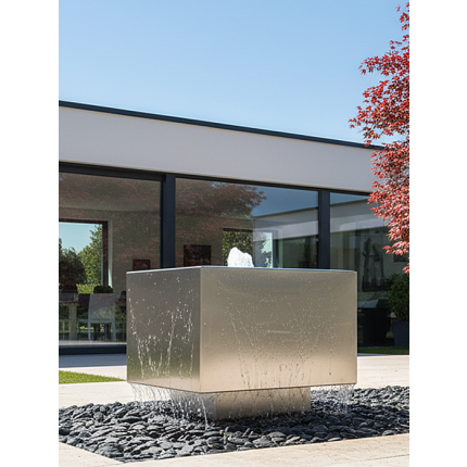 Exklusiver Edelstahl Gartenbrunnen Würfel mit Wasserlauf über vier Seiten im modernen Garten