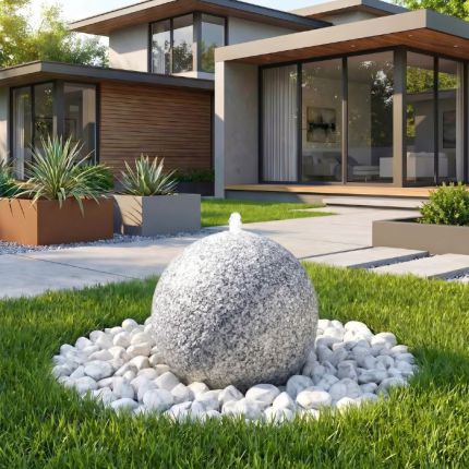 Gartenbrunnen mit massiver Quellkugel aus Granit. Durchmesser der Kugel beträgt 25cm