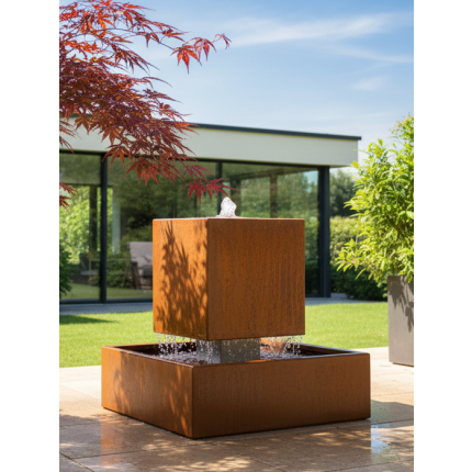 Kubischer Terrassenbrunnen aus Cortenstahl mit Quellöffnung und Edelrost-Optik im modernen Garten.