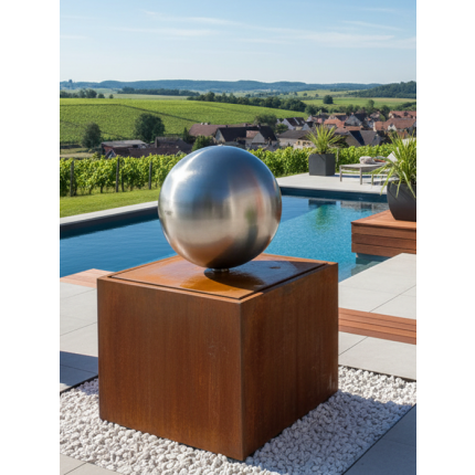 Cortenstahl Terrassenbrunnen mit Quellkugel – Design & Qualität