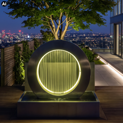 Moderner Edelstahl-Wasserbrunnen mit kreisförmigem Design und beleuchtetem Wasserfall. Eleganter Designbrunnen für Terrasse, Garten oder repräsentativen Eingangsbereich mit stimmungsvoller LED-Beleuchtung.