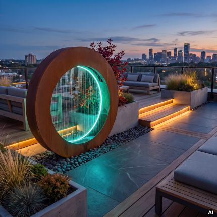 Cortenstahl Wasserfall mit RGBW LED Beleuchtung - auf einer Terrasse stehend mit Blick auf eine Skyline - Bild ist mithilfe von KI optimiert