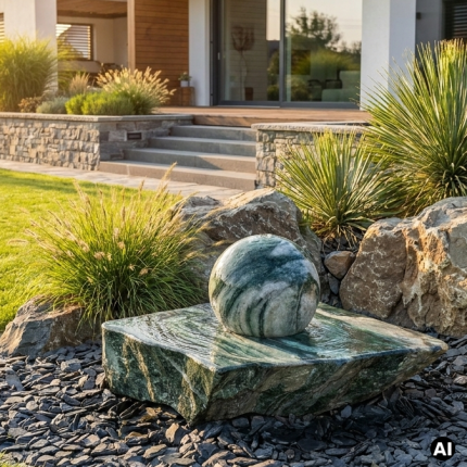 Gartenbrunnen schwimmende Steinkugel aus Lappland Green original Objekt, Sie bekommen exakt dieses Exemplar