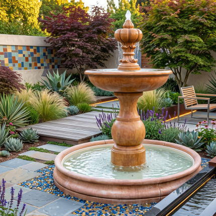 Dekorativer klassischer Springbrunnen mit zentraler Wassersäule mit Schale und Knospe aus der das Wasser heraustritt. Eingebettet auf einer großen runden Wasserschale.