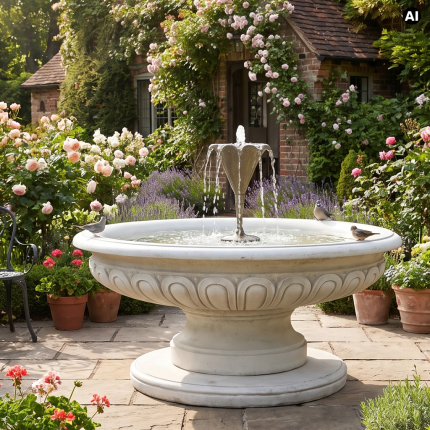 Fontana Tropea – klassischer Gartenbrunnen aus Carrara-Marmor und weißem Zement, weitgehend handgefertigt und bereits in der 3. Generation produziert. Ein besonders langlebiges und widerstandsfähiges Wasserspiel mit zeitloser Eleganz.