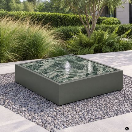 Granitbrunnen York Flat Blue Pearl mit Edelstahlrahmen in RAL 7000 Fehgrau auf der Terrasse