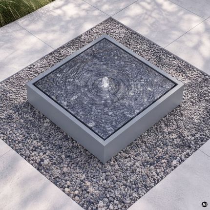 Terrassenbrunnen York Flat von oben mit Blue Pearl Granitplatte, Wasserringen und Kiesbett