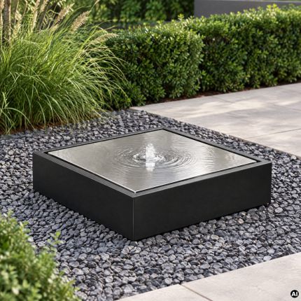 Edelstahlbrunnen York Flat RAL pulverbeschichtet in RAL 9005 Tiefschwarz mit gebürsteter Edelstahlplatte